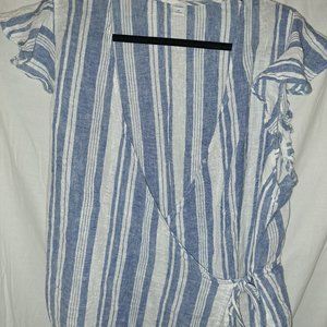 Old Navy, XL, Striped, Blue, White, Short Sleeve, Blouse, Clasp and Tie